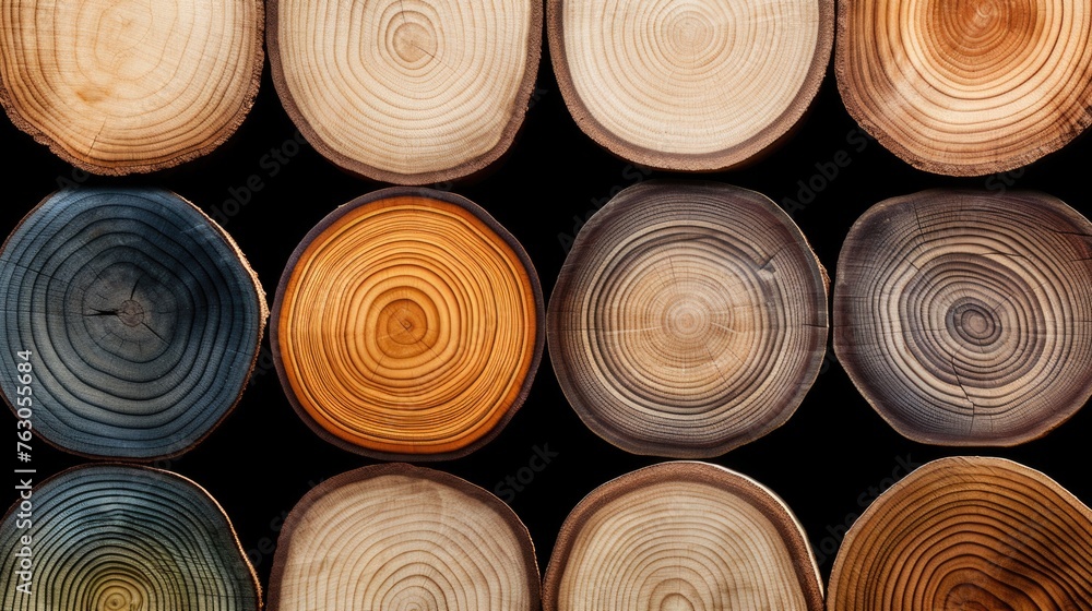 Poster a close up image of a bunch of wood slices. ideal for nature or rustic themed designs