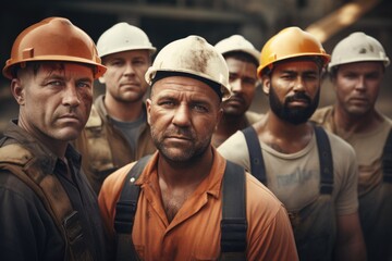 A group of men wearing hard hats and overalls, suitable for construction or industrial concepts - obrazy, fototapety, plakaty