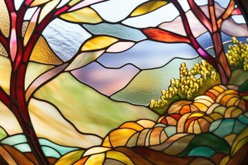 Detailed close up of a beautiful stained glass window, perfect for architectural design projects