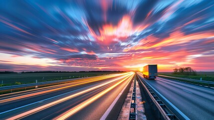Dynamic Logistics and Transportation of Cargo Truck on Highway at Sunset