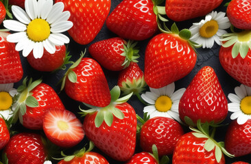 close-up of strawberries and chamomile flowers. - obrazy, fototapety, plakaty