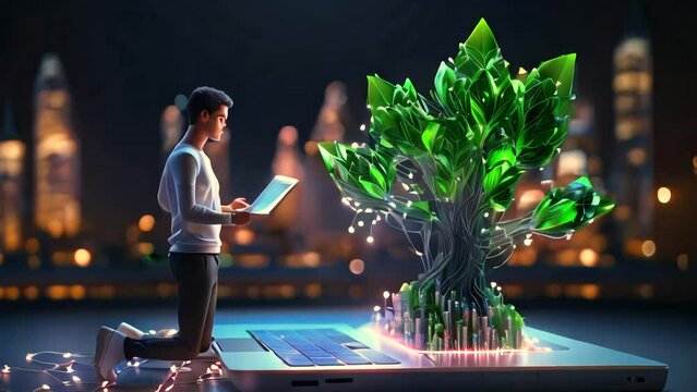 Supper techonology concept, A Young Glowing plant growing on computer chip representing digital ecology business and blurred background, Natural, Tech, light, night.
