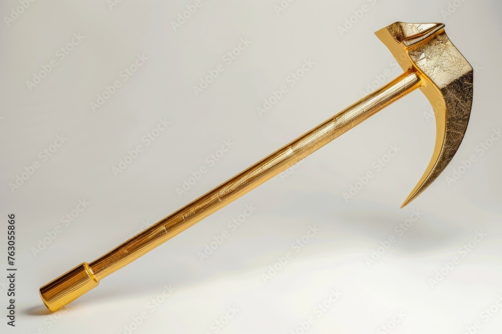 Poster a striking image of a large gold axe on a white surface. perfect for various design projects
