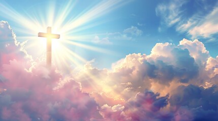 Ethereal Cross in Clouds with Sunrays, Power of Faith Concept Digital Illustration