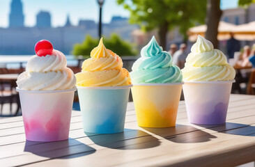 ice cream cups on a table in a summer cafe.  A close-up of a delicious multicolored ice cream on a blurred background of a cafe or street. The concept of healthy sweet food.