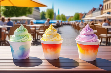 ice cream cups on a table in a summer cafe.  A close-up of a delicious multicolored ice cream on a blurred background of a cafe or street. The concept of healthy sweet food.