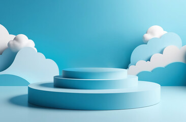 blue podium with clouds for the product. 3d blue podium and minimal blue wall scene. Minimalistic abstract scene background, blue podium for product ad. Blank blue podium with clouds.  