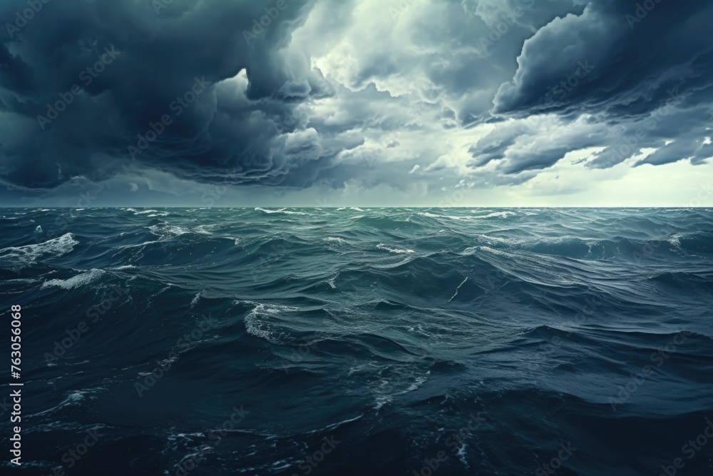 Poster serene image of a large body of water under a cloudy sky. suitable for various projects