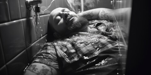 A man with a beard laying in a bathtub. Perfect for health and wellness concepts