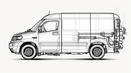 Detailed black and white illustration of a van, suitable for various design projects