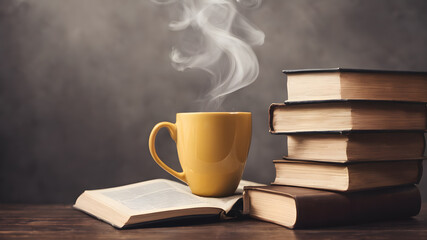 Stack of old books and coffee. Lifestyle concept. Old hardcover books. Educational concept.  AI generated image, ai