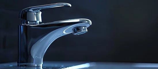 Deurstickers An electric blue tap resembling an automotive design, with water running out of it like headlights on a cars bumper, creating a sleek automotive exterior look © 2rogan