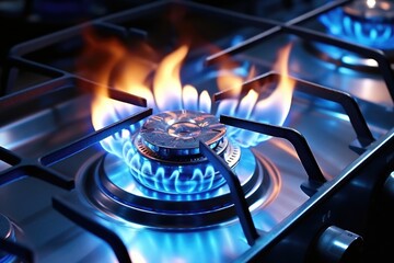 Close up of a gas stove with blue flames. Ideal for kitchen or energy concepts
