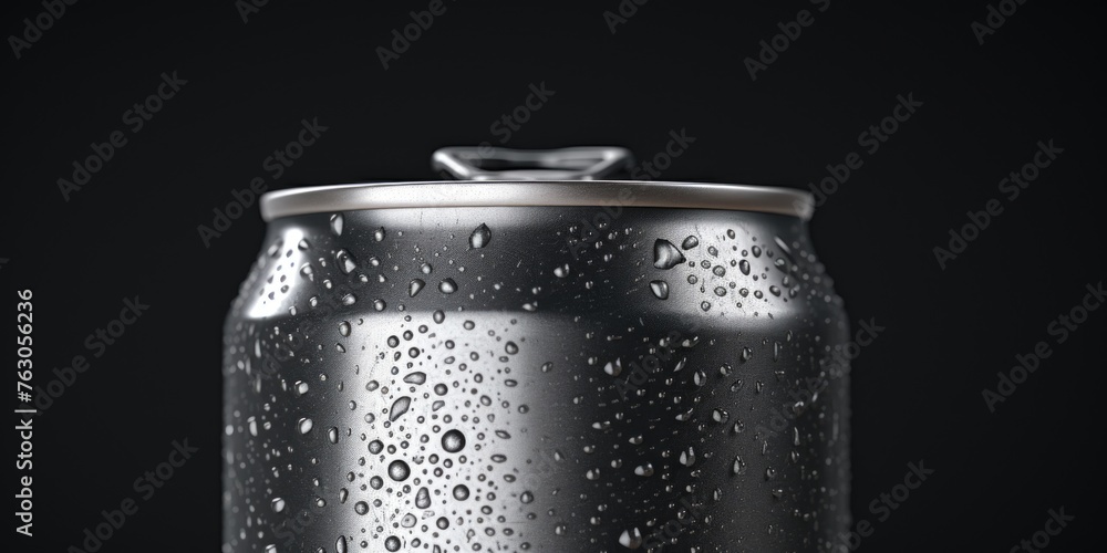 Poster close-up of a soda can covered in water droplets. perfect for beverage or refreshment concepts