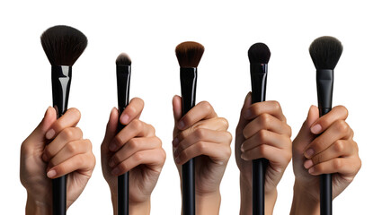 Makeup brushes are held by hands in a collection, isolated on a white background.