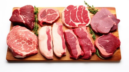 Fresh raw meat displayed on a wooden cutting board. Ideal for food and cooking concepts