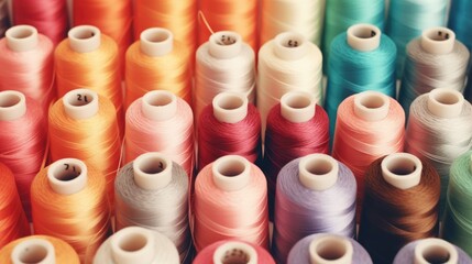 Various spools of thread in different colors. Ideal for sewing and crafting projects
