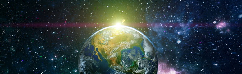 Planet earth and star over milky way background,Blue planet for wallpaper. Green planet or Globe on...