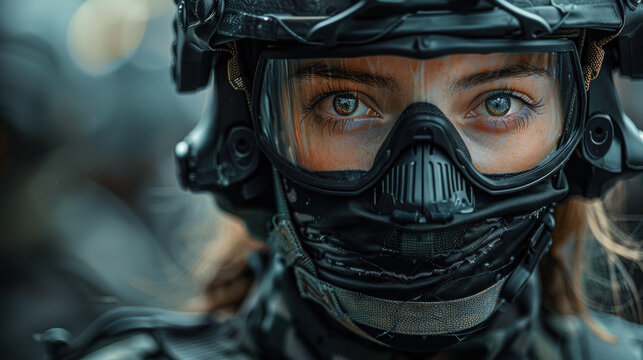 portrait of a beautiful commando girl with brown eyes in a helmet and goggles, banner