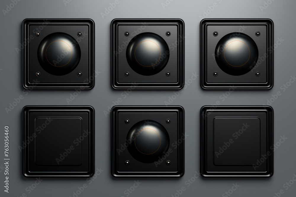 Aufkleber Set of four black buttons on a neutral gray background. Perfect for website or graphic design projects