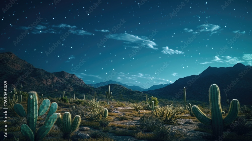 Poster a scenic view of a desert with cacti and mountains in the background. suitable for travel and nature