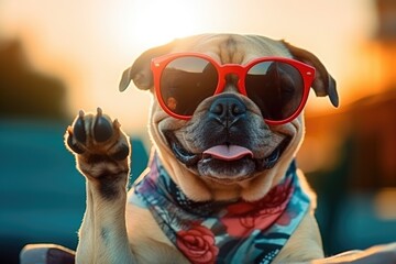 A cute pug dog wearing stylish sunglasses and a colorful bandana. Perfect for pet accessories or summer themes - obrazy, fototapety, plakaty