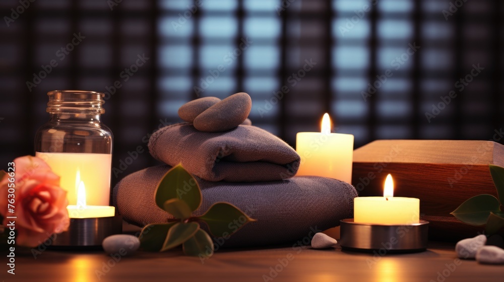 Poster A table with candles and a stack of towels, ideal for spa or relaxation concepts
