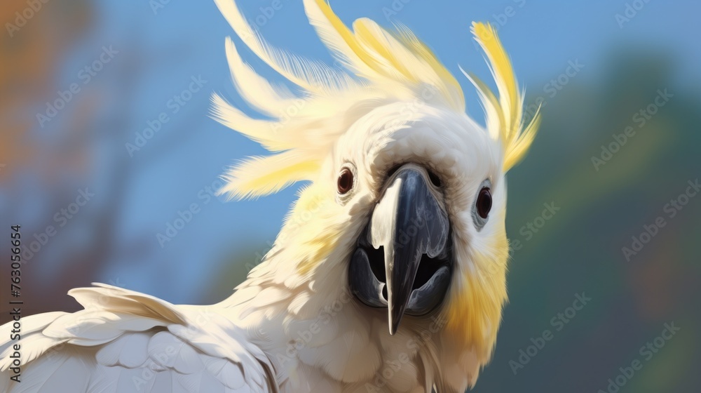 Poster close up of a white bird with yellow feathers. ideal for nature and wildlife concepts