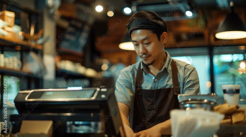 Poster A man in an apron working on a laptop. Suitable for business and technology concepts