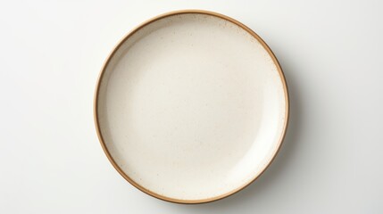 A simple white plate with a brown rim on a white surface. Perfect for food and kitchen-related projects - obrazy, fototapety, plakaty