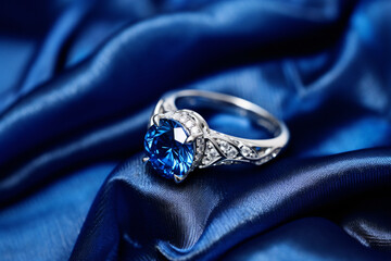 A beautiful sapphire and silver/platinum  ring presented on blue silk