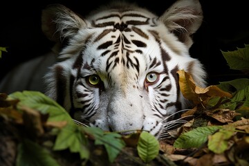 A majestic white tiger stealthily prowls through the lush, vibrant forest, its piercing gaze fixed on something in the distance