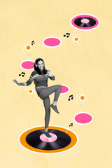Vertical collage poster young funky carefree girl have fun party entertainment listen music...