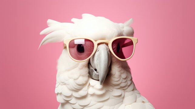 White cockatoo posing with sunglasses, perfect for summer promotions