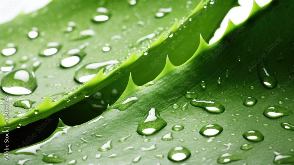 Poster close up of a leaf with water droplets. suitable for nature and environmental themes