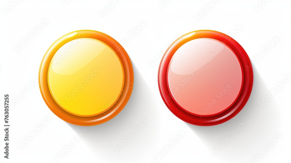 Leinwandbilder Bright red and yellow buttons on a clean white background. Perfect for use in design projects or crafting tutorials