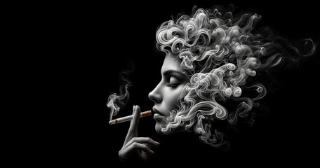 A Figurative Painting Art of a Woman with Closed Eyes Smoking a Cigarette on a Black Background.
