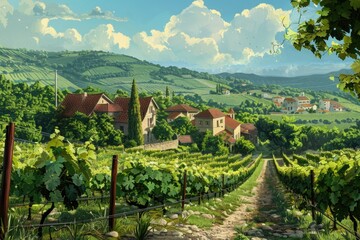 Scenic painting of a vineyard with a village backdrop. Ideal for wine industry promotions