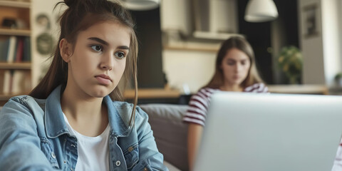 Teenage girl sitting with laptop computer at home