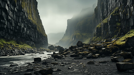 Fantasy landscape with a mountain river and cliffs. 3d rendering