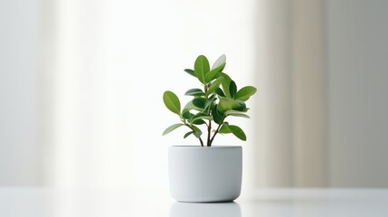 A small plant in a white pot on a table. Perfect for home decor