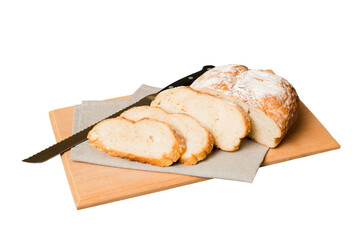 Assortment of freshly sliced baked bread with napkin isolated on white background. Healthy unleavened bread. French bread slice