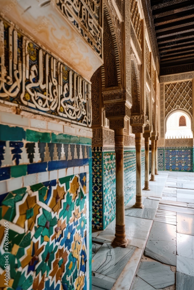 Poster A room with a tiled floor and columns. Suitable for interior design concepts