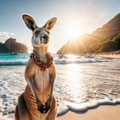 Raamstickers kangaroo with a flower necklace on the beach © ProdigyDraw