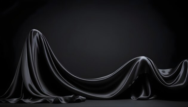 Black wavy silk drapery curtains falling off on a dark velvet studio background