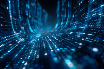 Abstract digital background with blue binary code and light streaks on black background, symbolizing technology and data transfer in cyberspace. This represents the flow of data in computer networks.