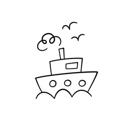 Hand drawn sailing ship on the waves. Doodle boat. Children drawing. Sketch sea ship. Vector illustration isolated in doodle style on white background.