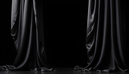 Black wavy silk drapery curtains falling off on a dark velvet studio background