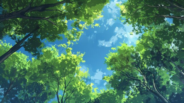Lush green forest canopy viewed from below, vibrant treetops against a vivid blue sky. Digital painting
