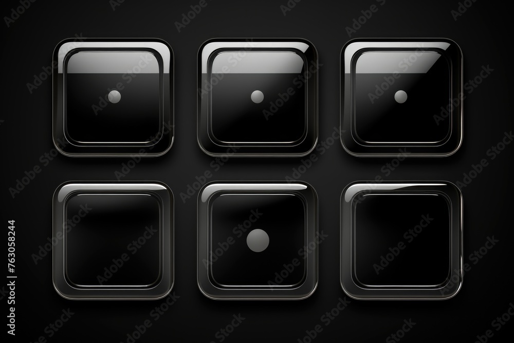 Poster Set of black square buttons on a dark background. Ideal for web design projects